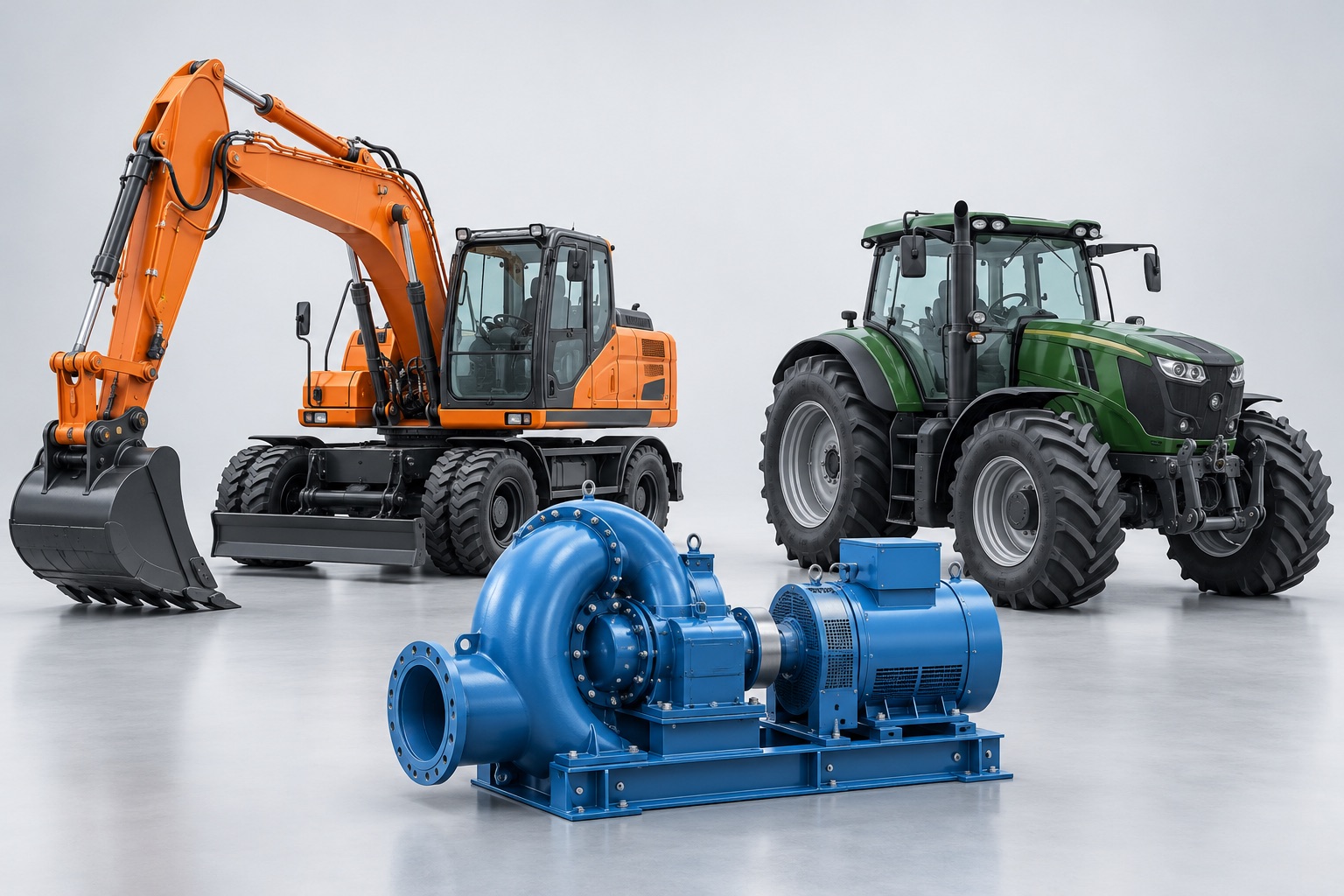 Illustrative wheeled excavator, tractor and turbine equipment composition